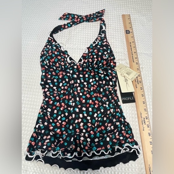 PROFILE BY GOTTEX Gin Fizz Swimsuit Halter Tankini Top 6 Black Multi Tie Neck - Picture 9 of 9